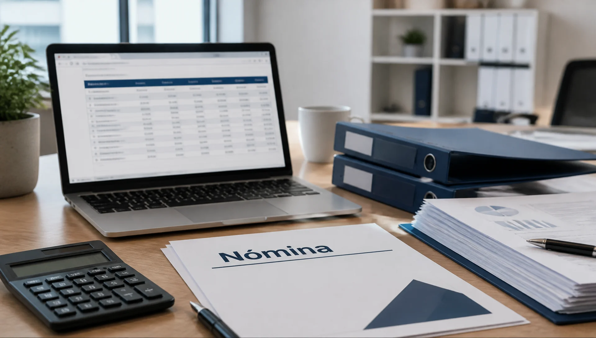 Escritorio corporativo con laptop, calculadora y documentos de nómina; en primer plano una hoja titulada Nómina que ilustra el dictamen ISN de Rodríguez Bravo y Asociados para empresas en México.